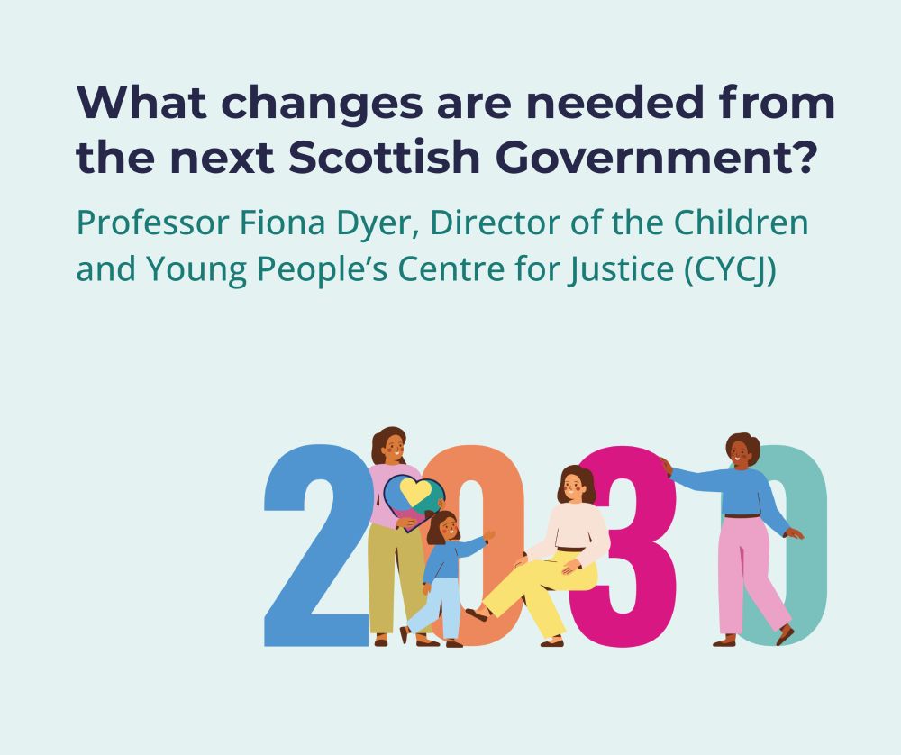 Illustration of the numbers 2030 with four figures standing, sitting, and leaning against them including one person holding a promise heart representing keeping the promise to children, young people, families and care experienced adults. 