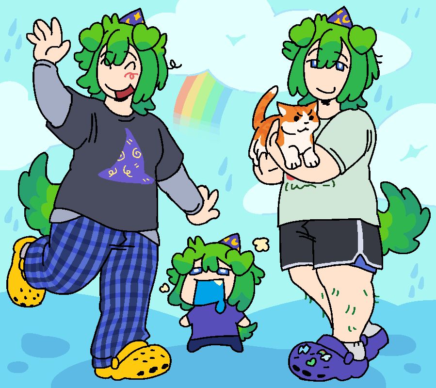 A reference image for my stream avatar! It shows a plus-size dog boy with green hair in two different outfits, as well as his homunculus clone/familiar thing. All are wearing small conical wizard hats.

One outfit has layered shirts, one long sleeve and light gray and one on top that is a gray short sleeved shirt with a classic wizard hat on it. He is also wearing comfy blue plaid pajama pants and yellow crocs. He is waving and smiling.

The other outfit has a light green shirt with text unreadable because he is holding a large orange cat close to his chest. The cat is smiling mischievously. He is also wearing black shorts with his boxers peeking out from underneath, as well as purple crocs with several silly gibbets in them.

Between the two outfits is the homunculus, who looks just like the dogboy but considerably smaller with a wide-open blue mouth. It is drooling.

The background is light blue and has clouds, raindrops and a rainbow fading into the sky. 