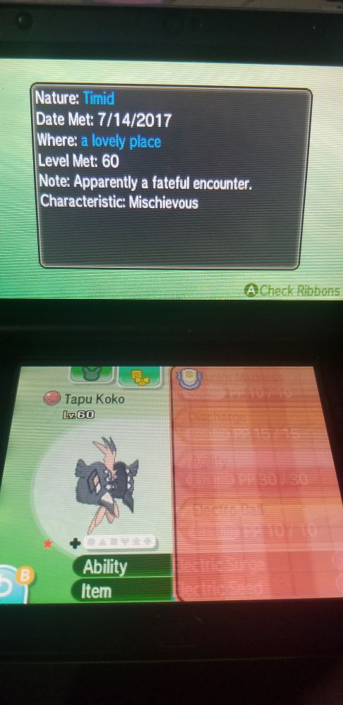 A picture of my 3ds showing off my old event shiny tapu koko! There is text that reads:
Nature: Timid
Date Met: 7/14/2017
Where: a lovely place
Level Met: 60
Note: Apparently a fateful encounter.
Characteristic: Mischievious