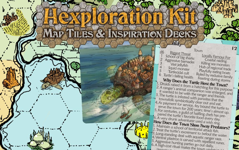 Image shows one card's front & back on top of several map tiles with static clings of towns/towers/coasts/rivers/etc.