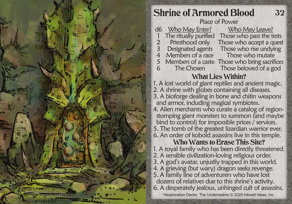 "Shrine of Armored Blood" card.  Art of a strange underground temple entrance on one side, and several d6 tables of ideas on the back.