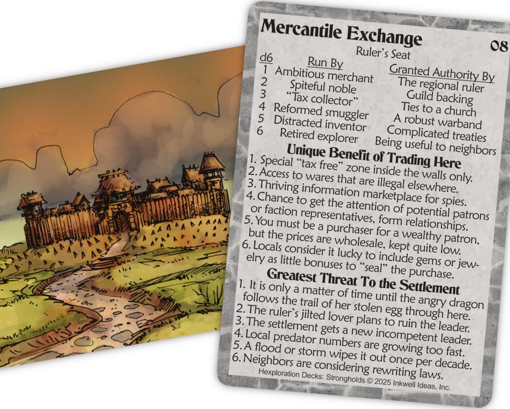 Art of a border fort/exchange post on the front of a card; ideas for who runs it, why trade there, and settlement threads on the back.