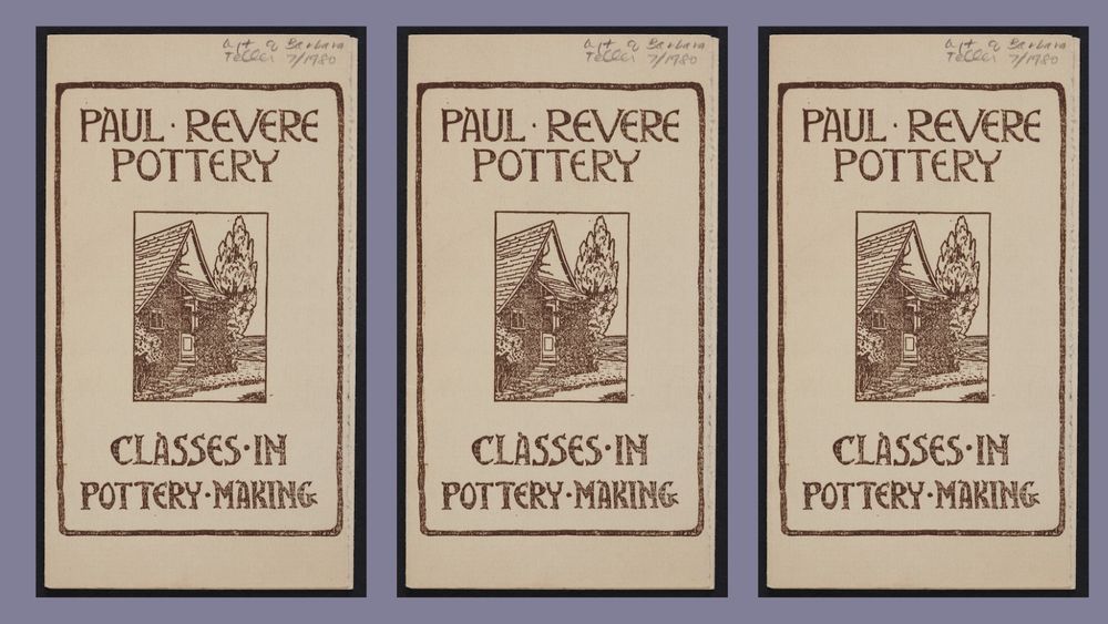 Cover of a Brochure titled “Paul Revere Pottery, Classes in Pottery Making” with the image of a small house surrounded by trees