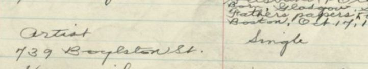 Handwritten entry in voter register reading "Artist, 739 Boylston Street, Single"