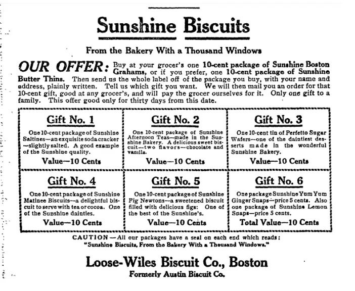 Newspaper Advertisement for Loose-Wiles Biscuit Co. offering gifts sent to those who provided proof of purchasing the company’s goods