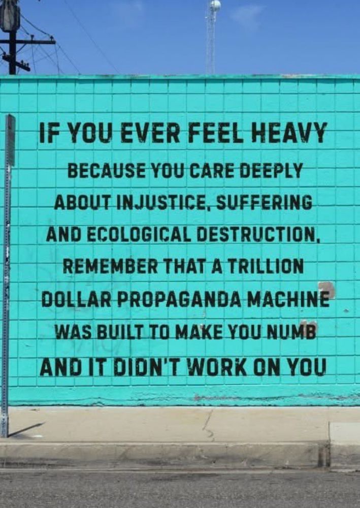 Billboard: IF YOU EVER FEEL HEAVY BECAUSE YOU CARE DEEPLY ABOUT INJUSTICE, SUFFERING AND ECOLOGICAL DESTRUCTION.
REMEMBER THAT A TRILLION DOLLAR PROPAGANDA MACHINE WAS BUILT TO MAKE YOU NUMB AND IT DIDN'T WORK ON YOU