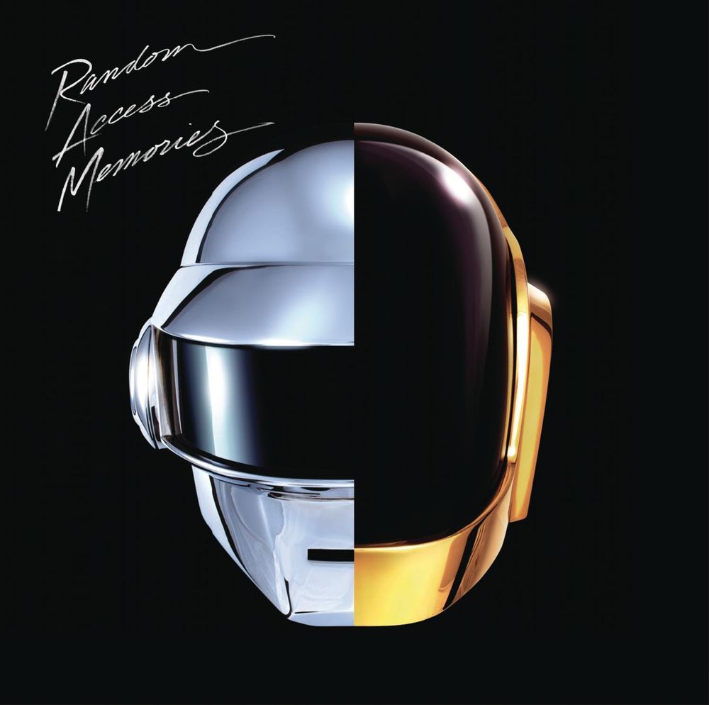 Photo of the album cover of "Random Access Memories", an 2013 album by the French DJ duo Daft Punk. Showing the title in cursive writing, together with a half/half photo of their iconic robot helmets, the left showing Thomas Bangalte's silver helmet and the right being  Guy-Manuel de Homem-Christo's Gold/black helmet.