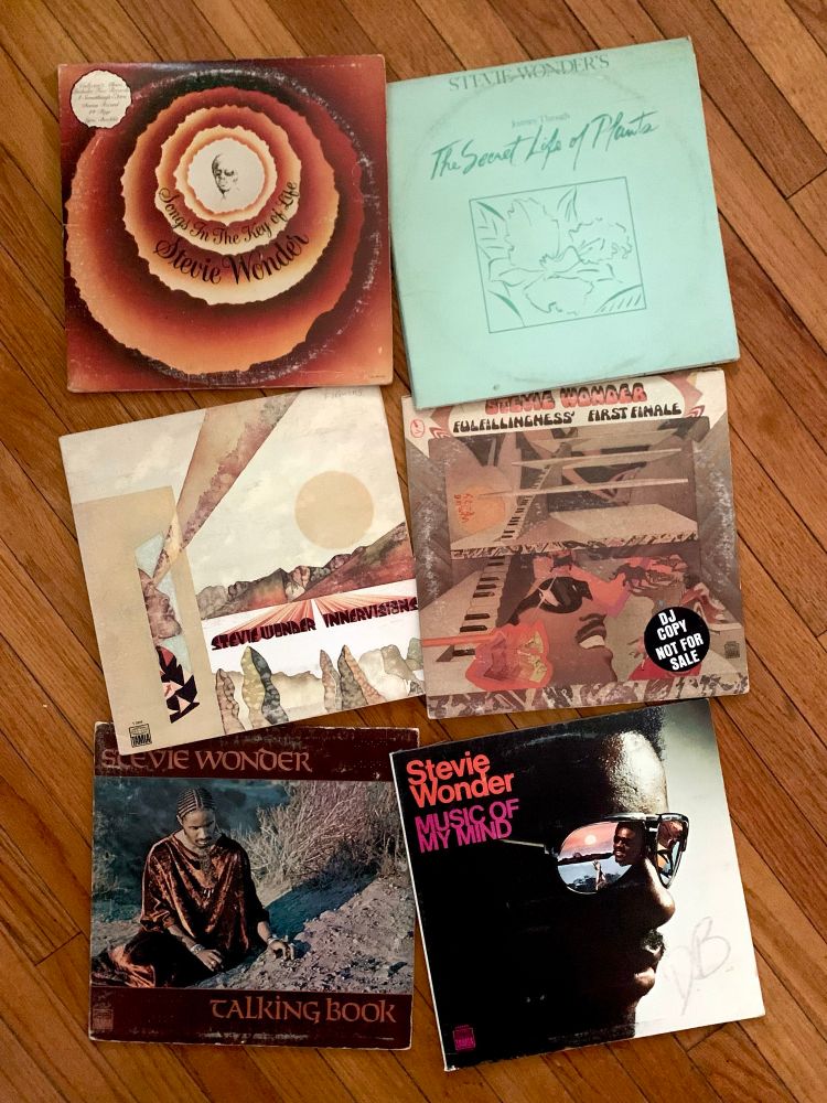 Stevie Wonder albums
Talking Book, Music Of My Mind, Innervisions, Fulfillingness’ First Finale, Songs In The Key Of Life, The Secret Life Of Plants
on a wood floor
