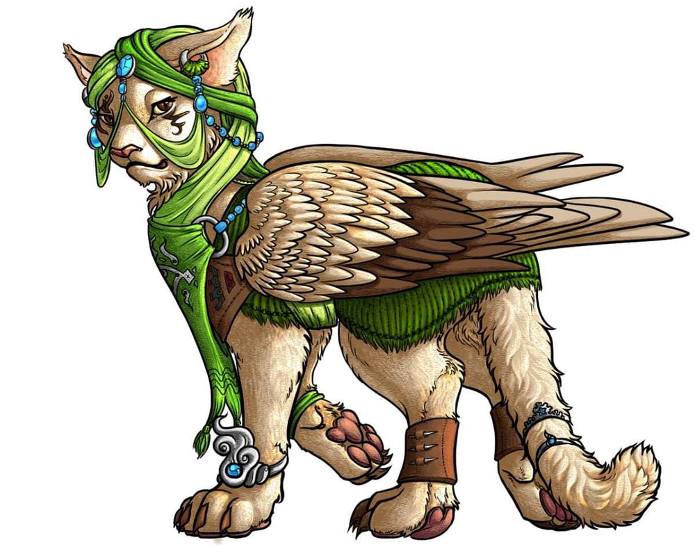 Picture of a Purrsian npc in Ponyfinder - a large champaigne colored cat with birdlike wings, dressed in ornate silver and turquoise jewelry and bright green headscarf and tunic. 