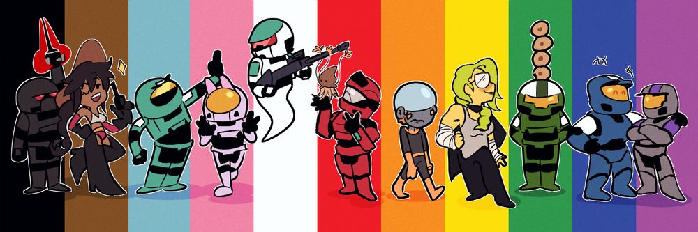 a stylized illustration by jaxbeetle and sypsart depicting characters from spite box projects corresponding to the colors of the pride flag.

from left to right: corvus from guard duty by syp for black, cowboy from cowboy x samurA.I. by jax for brown, emery from guard duty by syp for periwinkle, sarah from guard duty by syp for pink, prim from guard duty by syp for white, wakefield from nine to five by jax for red, canon from CLEG by syp for orange, thea from tales from outer space by jax for yellow, miller from guard duty by syp for green, geff from guard duty by jax for blue, and june from guard duty by jax for purple.