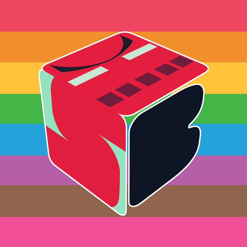 the logo for SPITEBOX, designed by jaxbeetle, with a pride flag behind it