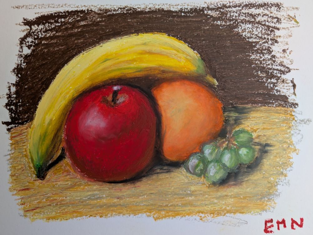 Final version with Sennelier oil pastels of a still life featuring a yellow banana, red apple, orange, and green grapes, on a tan table with a dark brown background. Signed EMN in the bottom right corner.