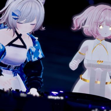 Image of anime cat girl DJing in front of an amazing audience, on their left side stands an amazing VJ