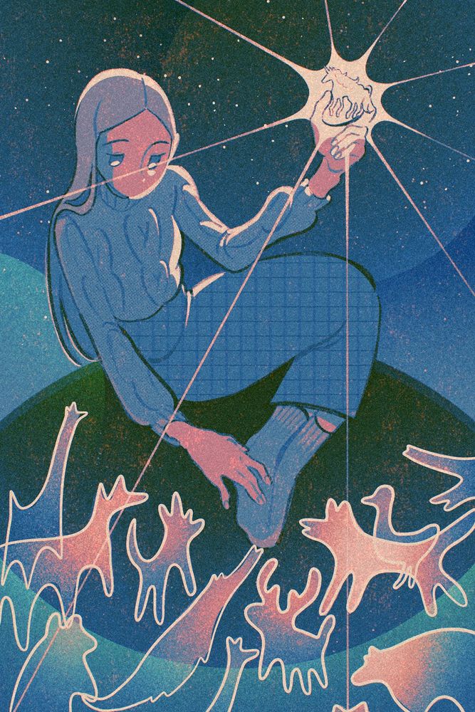 a woman holds a glass unicorn up to the moonlight shining from behind it. she is surrounded by glass animals who stare up at her. 