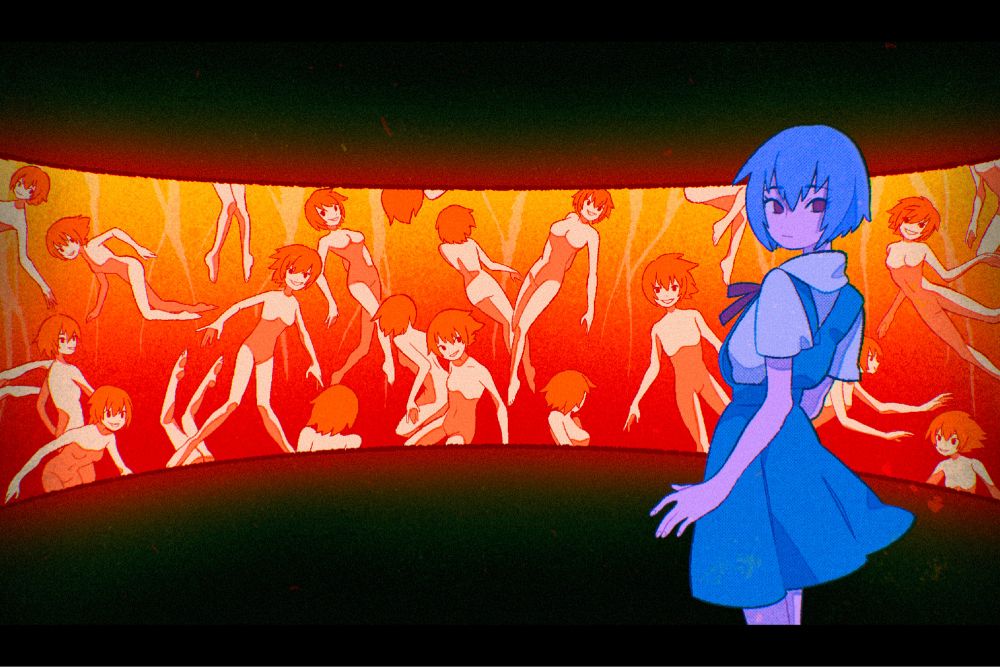 rei ayanami from neon genesis evangelion stands in front of a tank of clones of her. Rei is colored in blues and purples while her clones are in yellows, oranges, and reds.