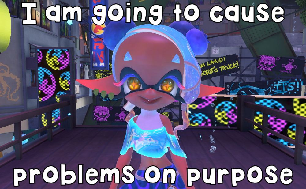 Picture of Frye with a slightly mischievous look on her face. There is a caption that reads "I am going to cause problems on purpose".