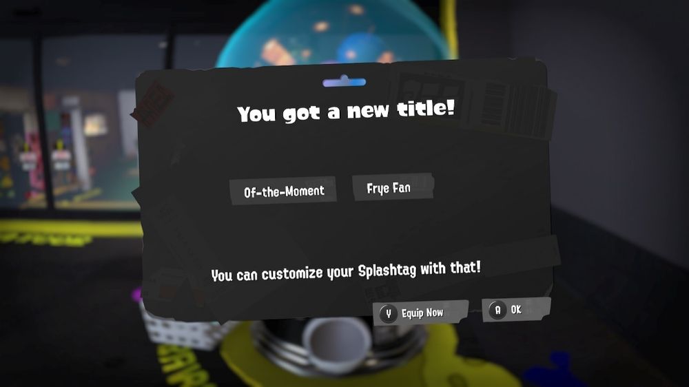 Screenshot of getting a new Title in Splatoon 3. The Title in question is "Of-the-Moment Frye Fan".