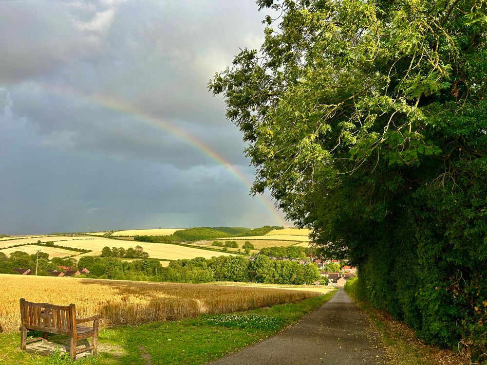 An Evening Rainbow. 16°C with sunshine and thundery showers. House Martins.