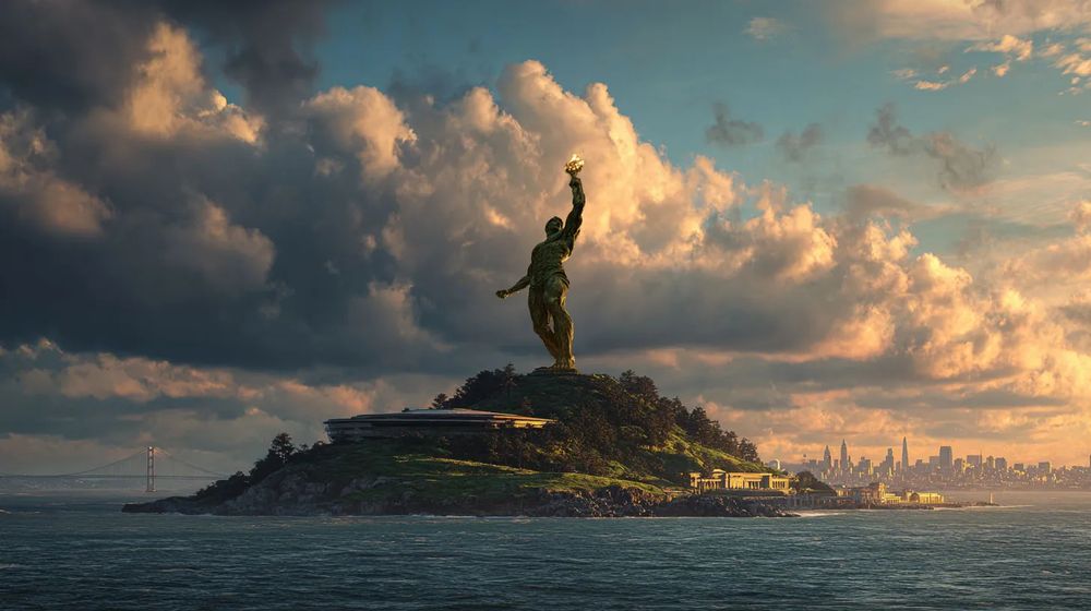 a huge statue of Prometheus, projected for Alcatraz
