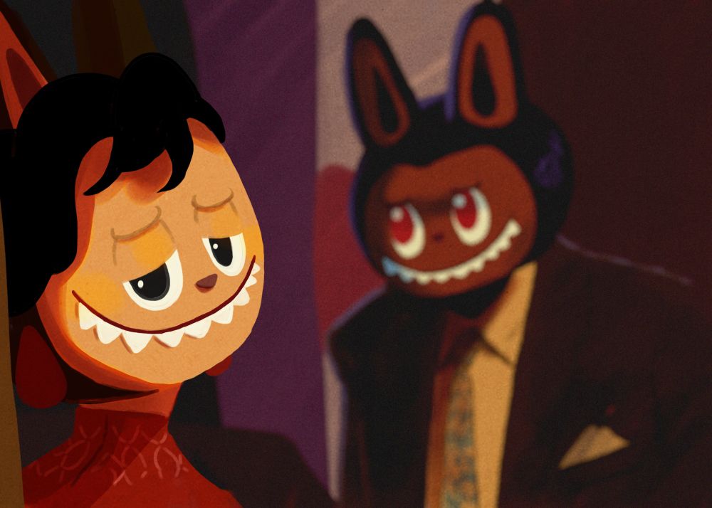 An iconic film still from In The Mood For Love with the characters redrawn as Labubu