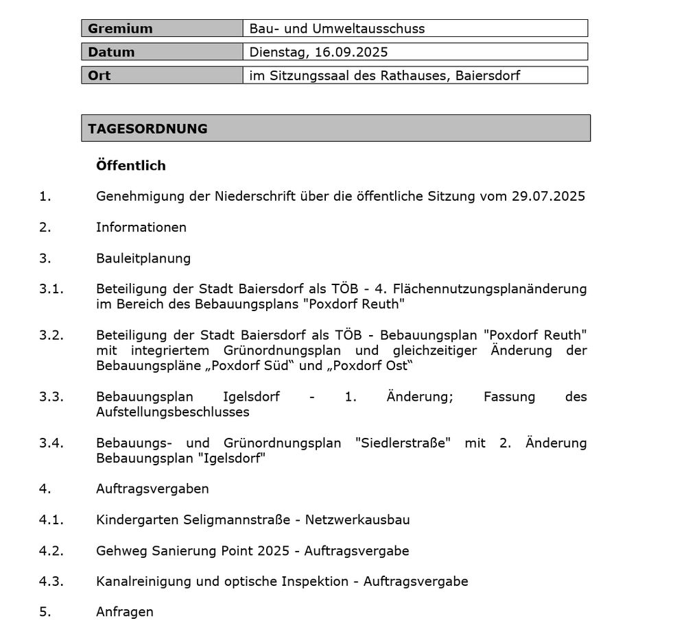 Tagesordnung der September Sitzung des Bau- und Umweltausschusses 