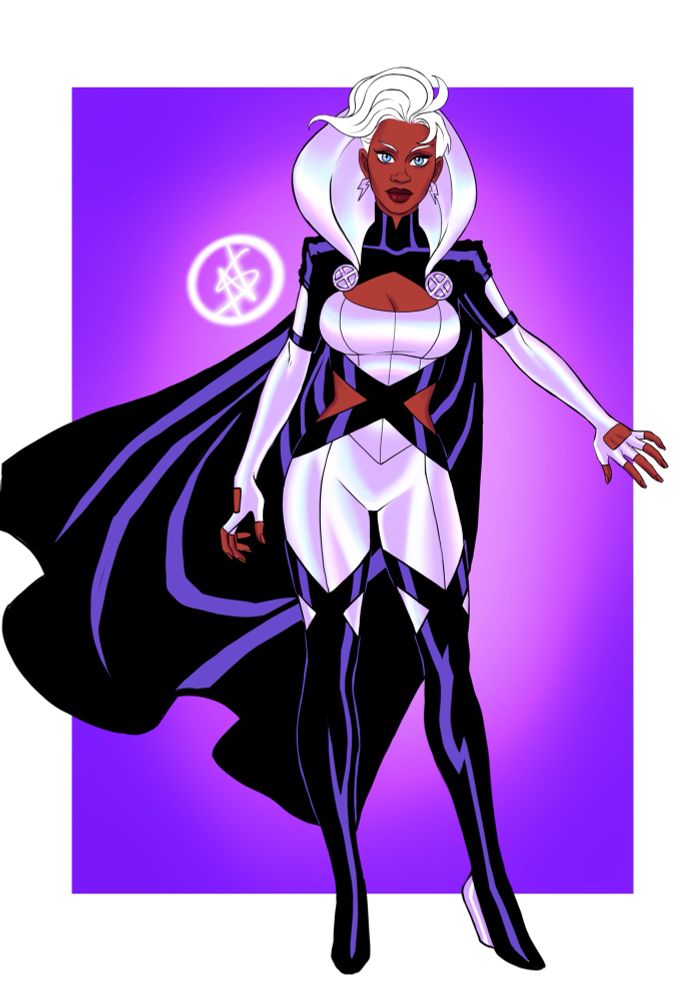 Ororo munroe in a hooded cloak, in front of a purple background. 