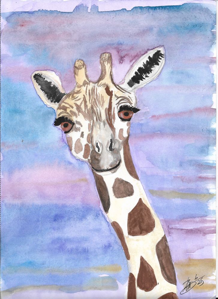 "Giraffeness" is a watercolor painting of the head and neck of a giraffe, who is gazing at the viewer with a quizzical expression.  The background is a colorful mix of swirls and layers in pink, blue, purple, and teal, with splashes of dull yellow that match the tawniness of the giraffe's coat.