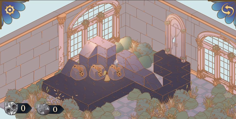 Gif of Shards Between Us, an isometric narrative puzzler where the player uses plants. A character, Glas stands next to some flowering boulders.