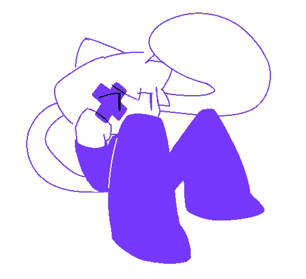 a monochrome purple drawing of a white anthro cat sitting on a blank white background resting his cheek against his fist. there is a purple X over his left eye and he is looking off to the right.
