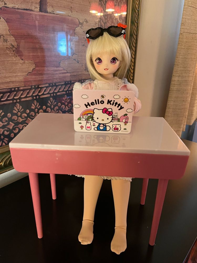 Different angles of a cute Mini Dollfie Dream at a pink and white desk typing on a hello kitty themed laptop.