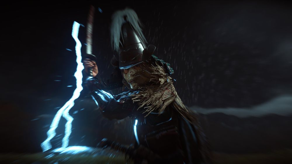 Atsu in combat with lightning in the background 