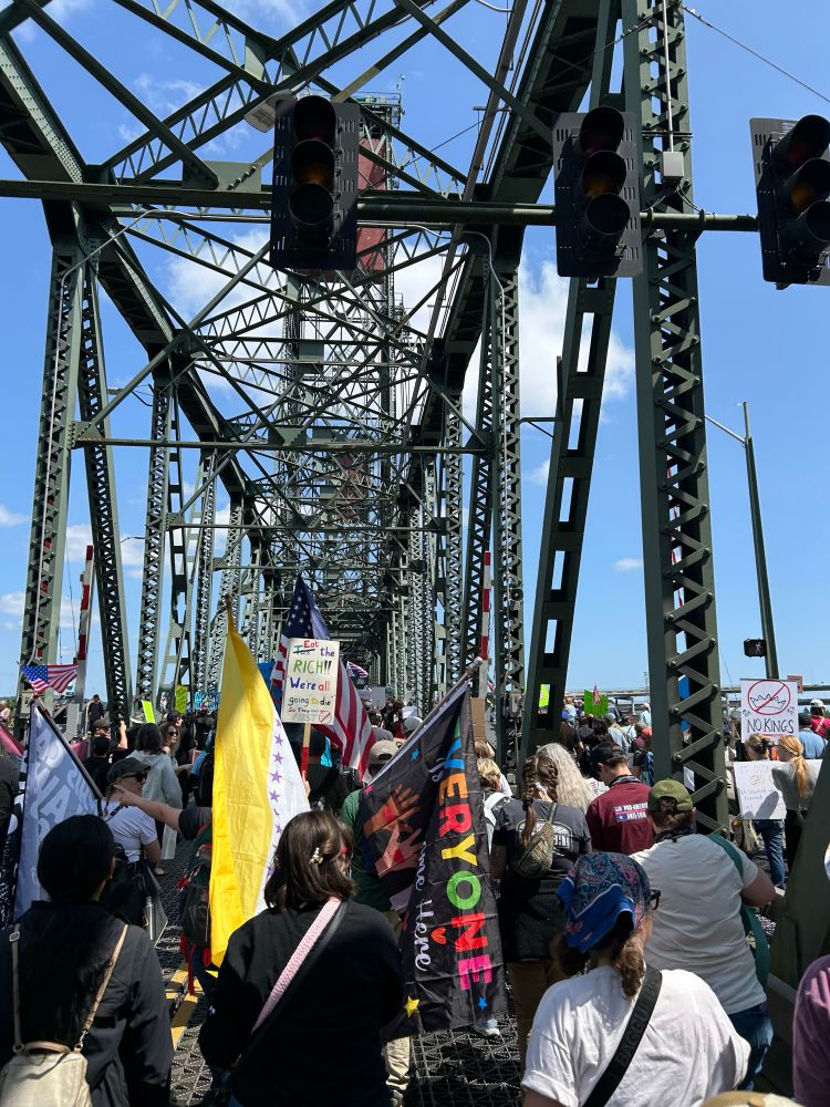 Protestor view of marching across the Hawthorne Bridge 