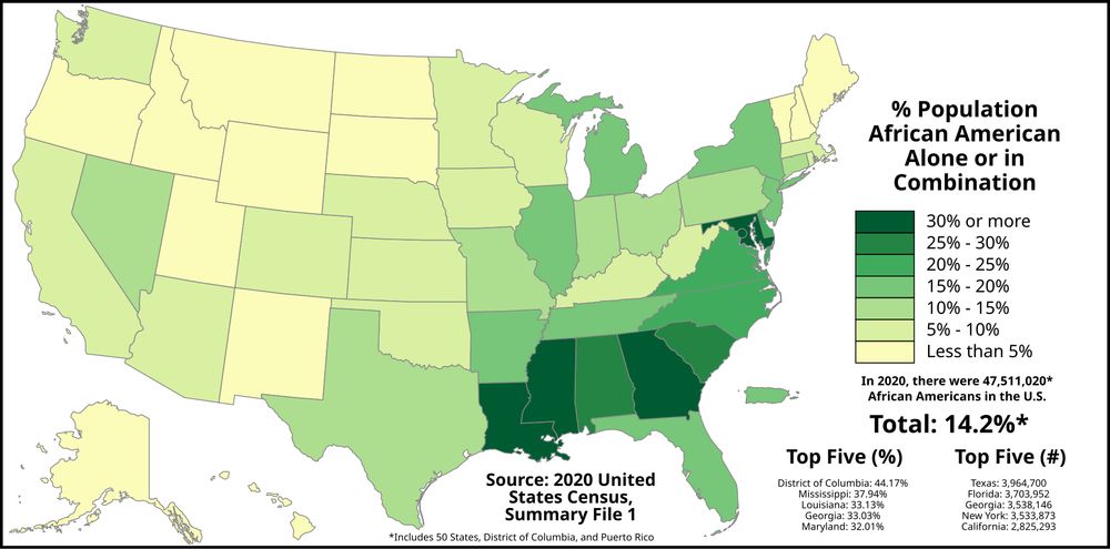 Color coded map that shows the %age of Black people in the US by state using variations of green.