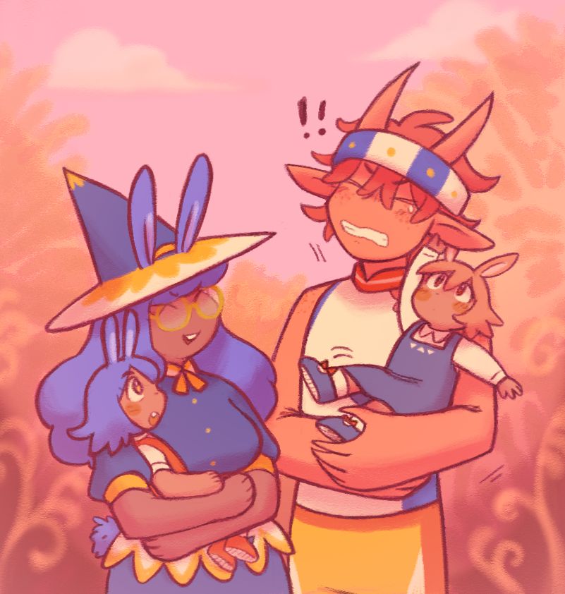 A drawing of a father and mother holding their twin children. One of the kids is yanking on her dad's ear.