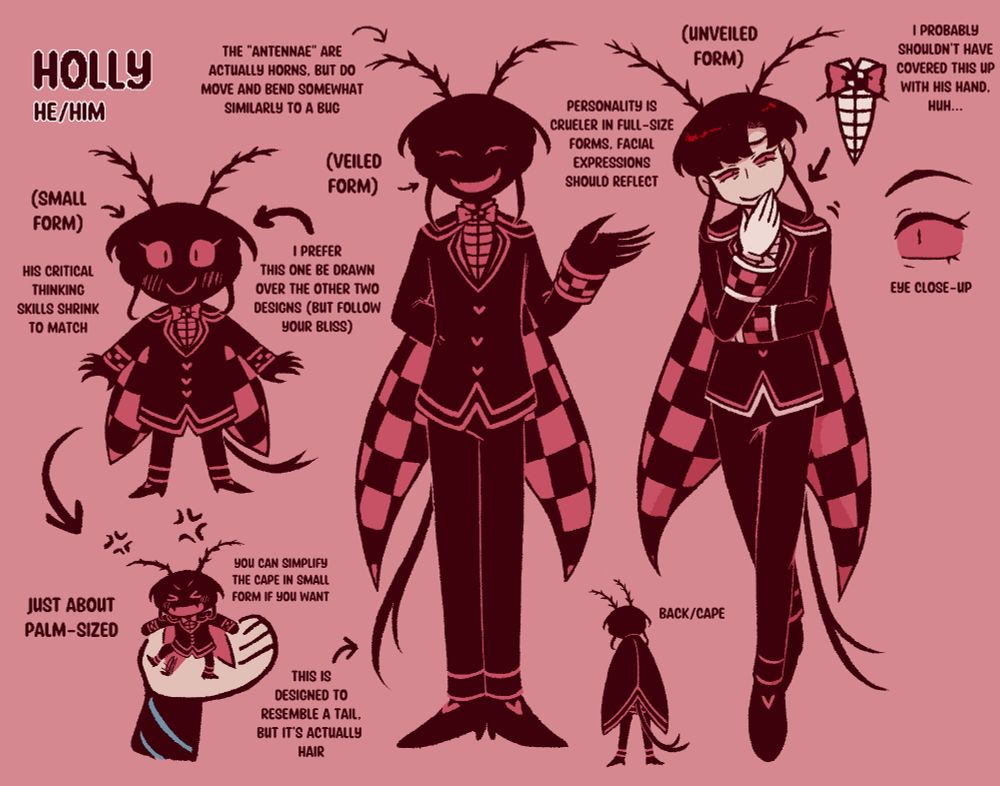 An art reference sheet of my character Holly. All you really need to know is he is kind of a cockroach in personality, and it's reflected in his design. 