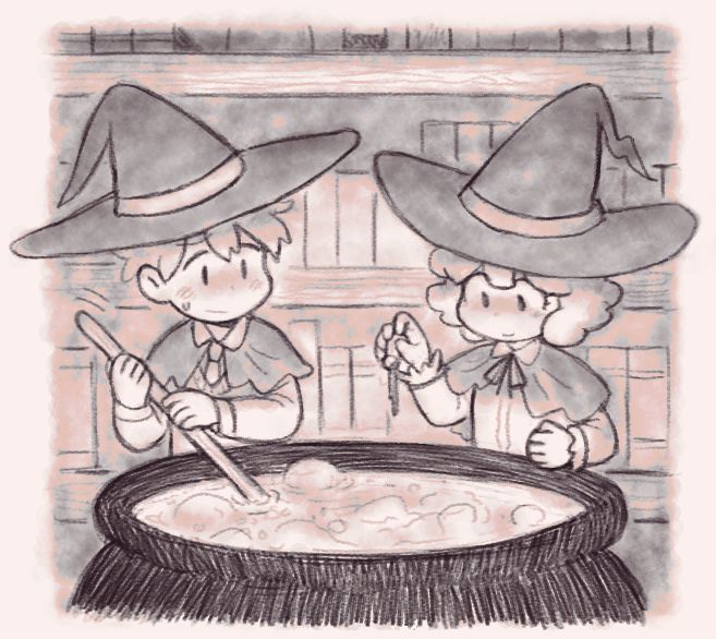 A drawing of my characters James and Millie dressed as witches, brewing something in a large cauldron. 