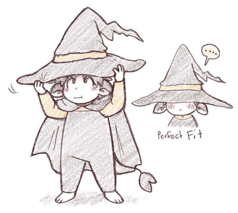 A drawing of my character, Aster trying on a witch hat. It is probably relevant to mention that he is five and the hat was clearly meant for an adult. It covers over half his face, with the accompanying text: "Perfect Fit."