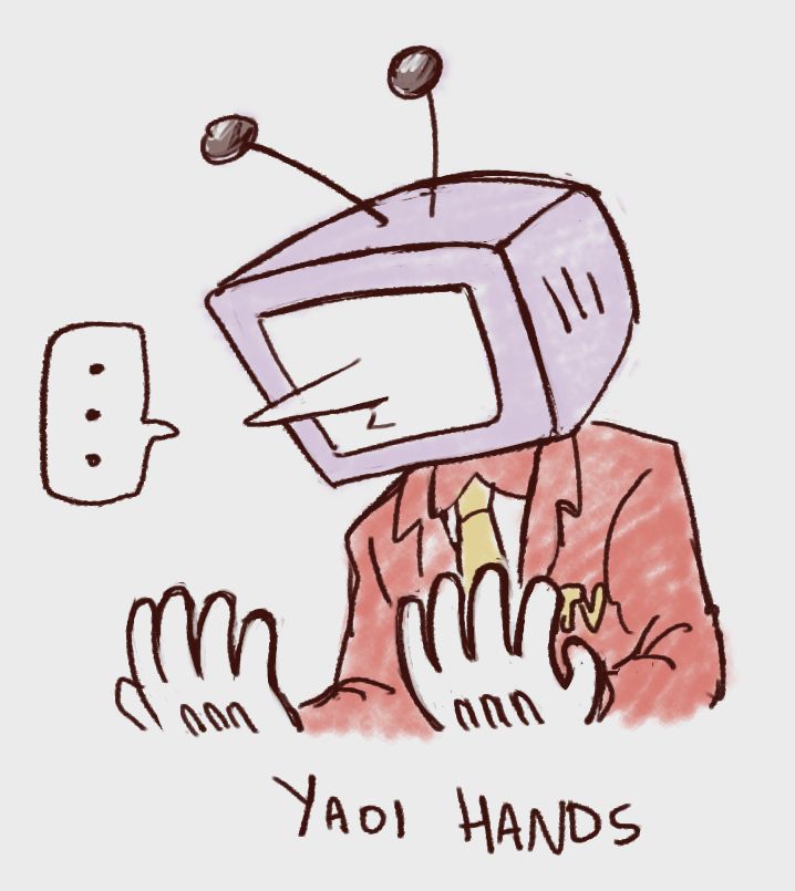 A drawing of Tenna looking down blankly at his hands, with the caption "yaoi hands." 