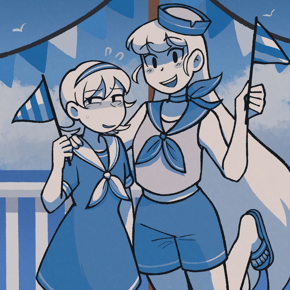 A drawing of my characters, Emily and Amelia, standing in front of the ocean. They are smiling and waving little flags, as if they're posing for a photo. Emily is very embarassed. 