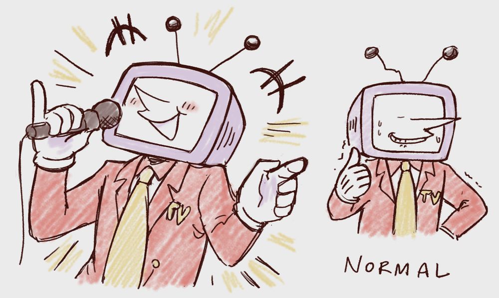 Two drawings of Tenna, one where he's laughing into a microphone and the other where he's giving a thumbs up with a very strained expression, the caption beneath says "normal."
