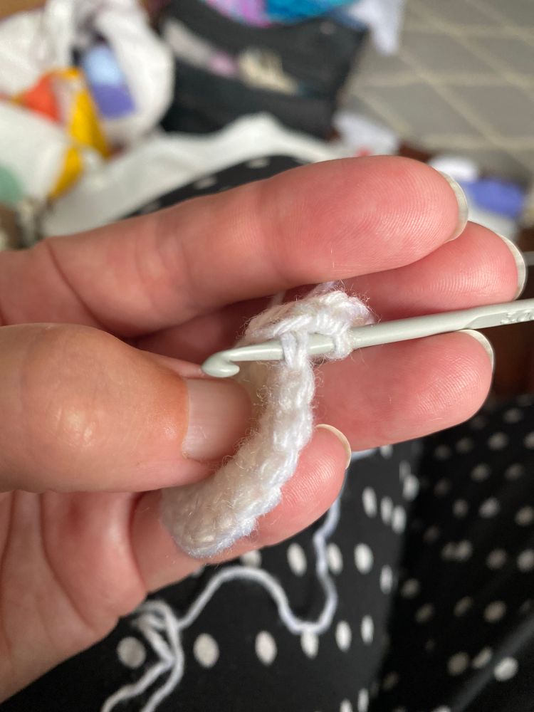 Back loop and third loop with a crochet hook in both. White yarn, pink hand, black and white clothes, colourful bags with yarn in, cheeky peek at my lounge rug which is grey and white