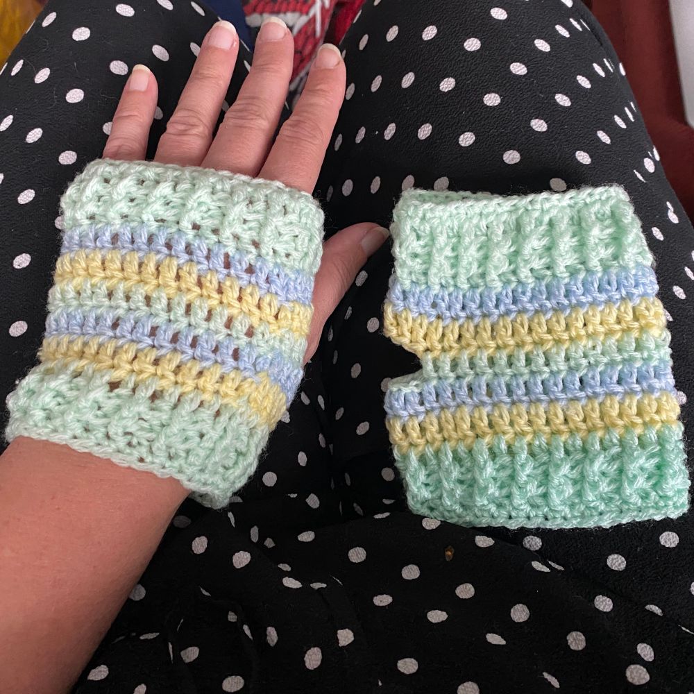 Striped fingerless gloves or hand warmers if you will. Blue, yellow and green yarn. I’m wearing the left glove. They are resting on my lap. My outfit today is a black with white spots one-piece strapped top and trouser set… charity find. Probably Shein shite. Thin which is great for the summer warmth although it’s grey, raining and windy today. Storm
Floris I believe. I wasn’t going out anyway.