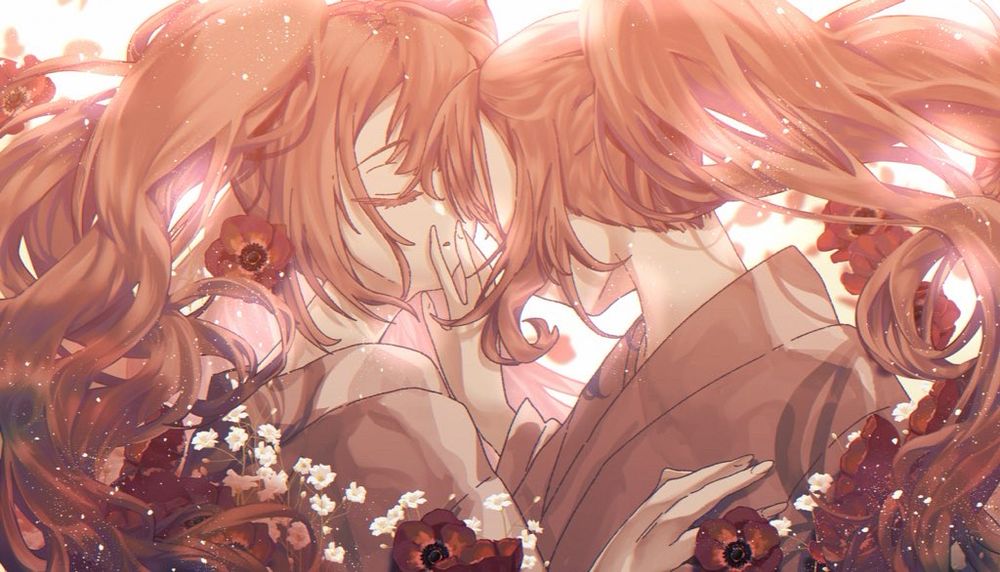 Two twin saying farewell for the last time surrounded by a garden of anemone flowers