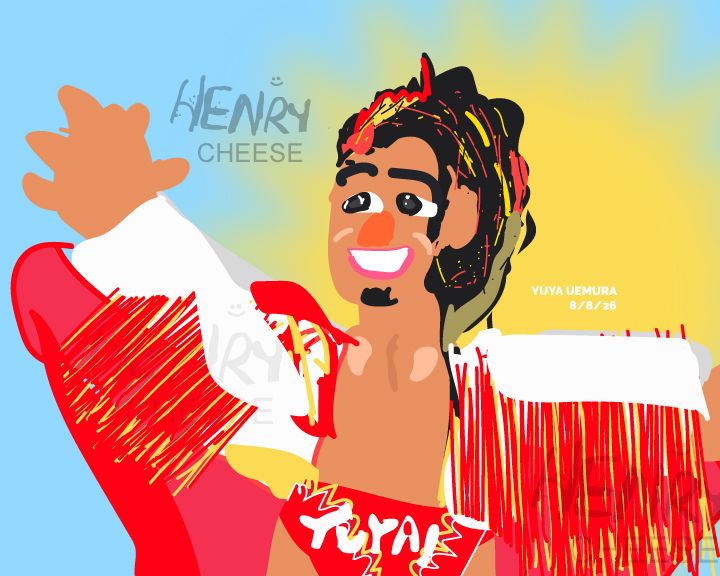 Yuya Uemura  with arms open in his robe wearing wrestling trunks, smiling with the sun behind him
