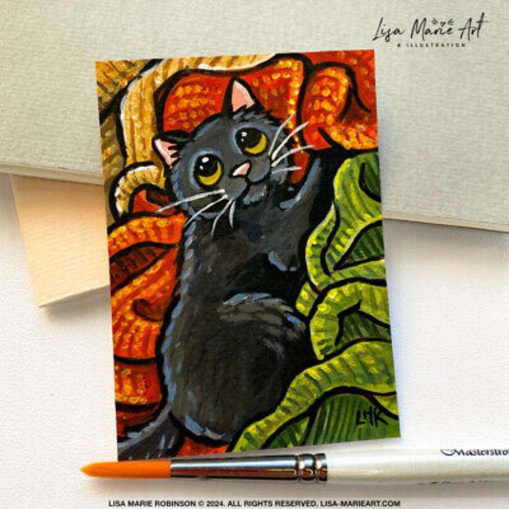 Original ACEO Art Black Cat Cosy Autumn Blankets Art by Lisa Marie Robinson  | eBay