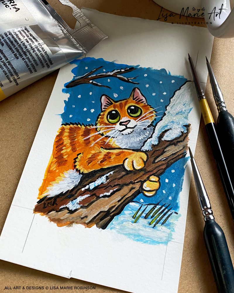 A small ACEO painting of a ginger and white cat lying on a snowy tree branch. The cat has cleared a patch of snow to make a cosy resting spot. Soft snow covers the branch and falls gently in the background, creating a peaceful winter scene.