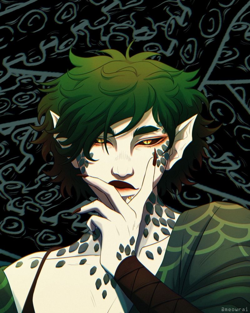 Portrait of Seik, a green haired and pale yuanti woman