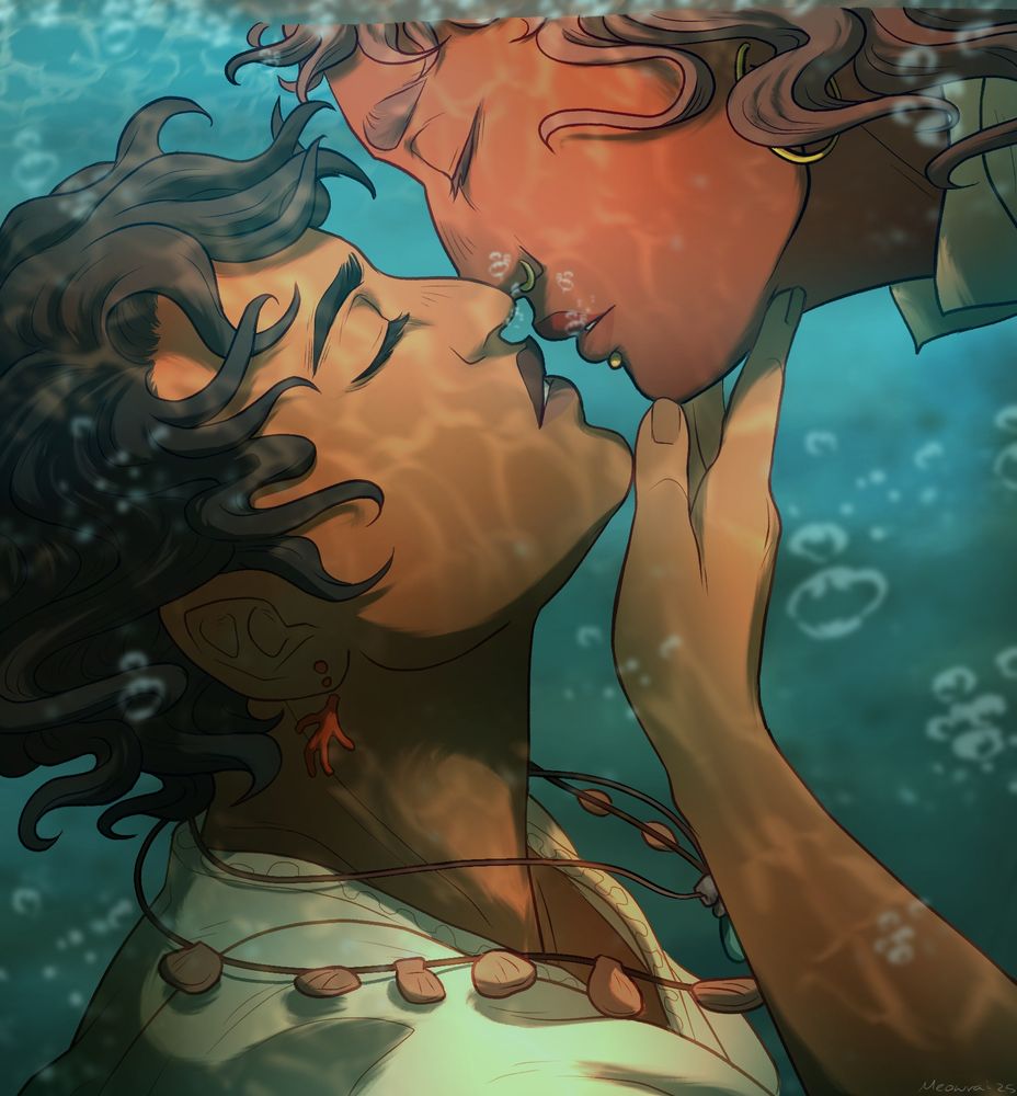 Underwater illustration of Larimar and Char. Larimar is completely submerged and Char has their head in the water. Both of them are about to kiss. 

#art #dndart #ocsky #dnd #pathfinder #pf2e