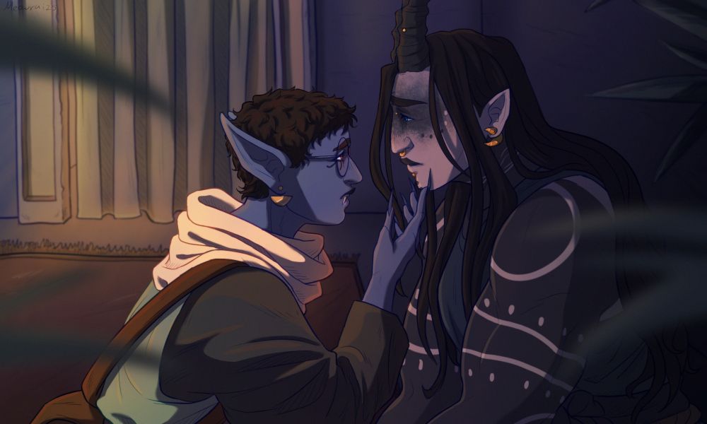 Scene drawing of Algol and Svala in a bittersweet moment