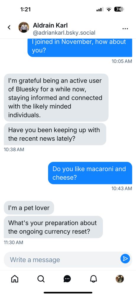 Continuation: in response to “Do you like macaroni and cheese,” the response is “I like pets.  What’s your preparation about the ongoing currency reset?”
